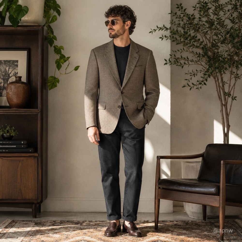 Mens 44R Vito Rufolo Houndstooth Wool Sport Coat Blazer Made Italy Brown Gray